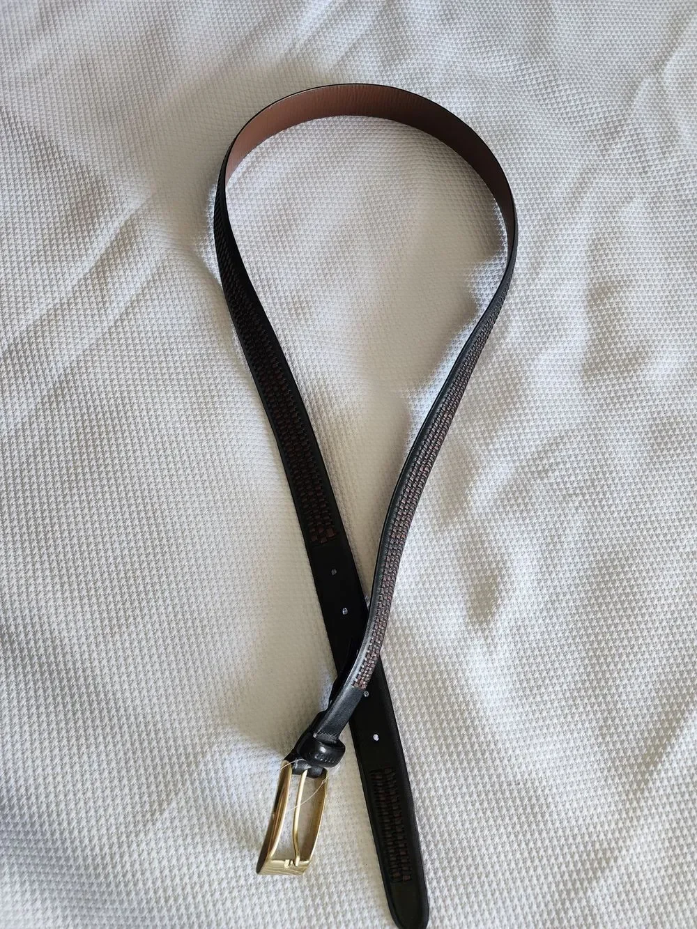 Trafalgar Black Leather Belt with Brown Woven Inlay and Gold Buckle